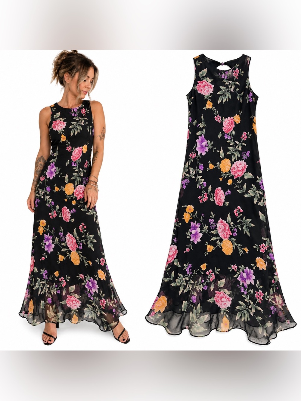 JBS LTD Black Floral Chiffon Maxi Dress Size 14 90s Romantic Whimsigoth Backless
